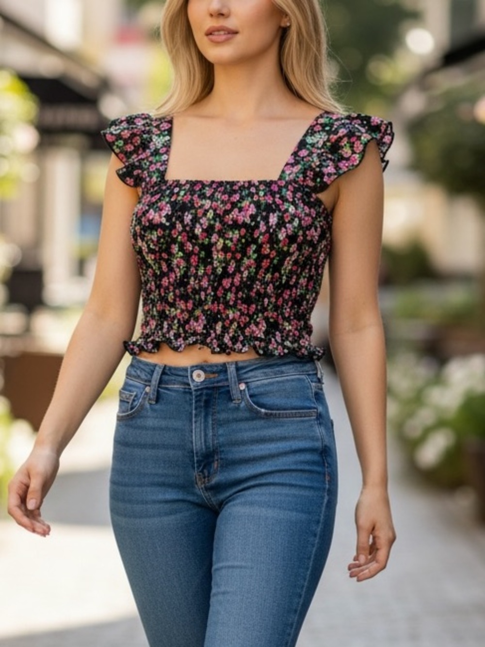 AZ Women’s Floral Black Smocked Top